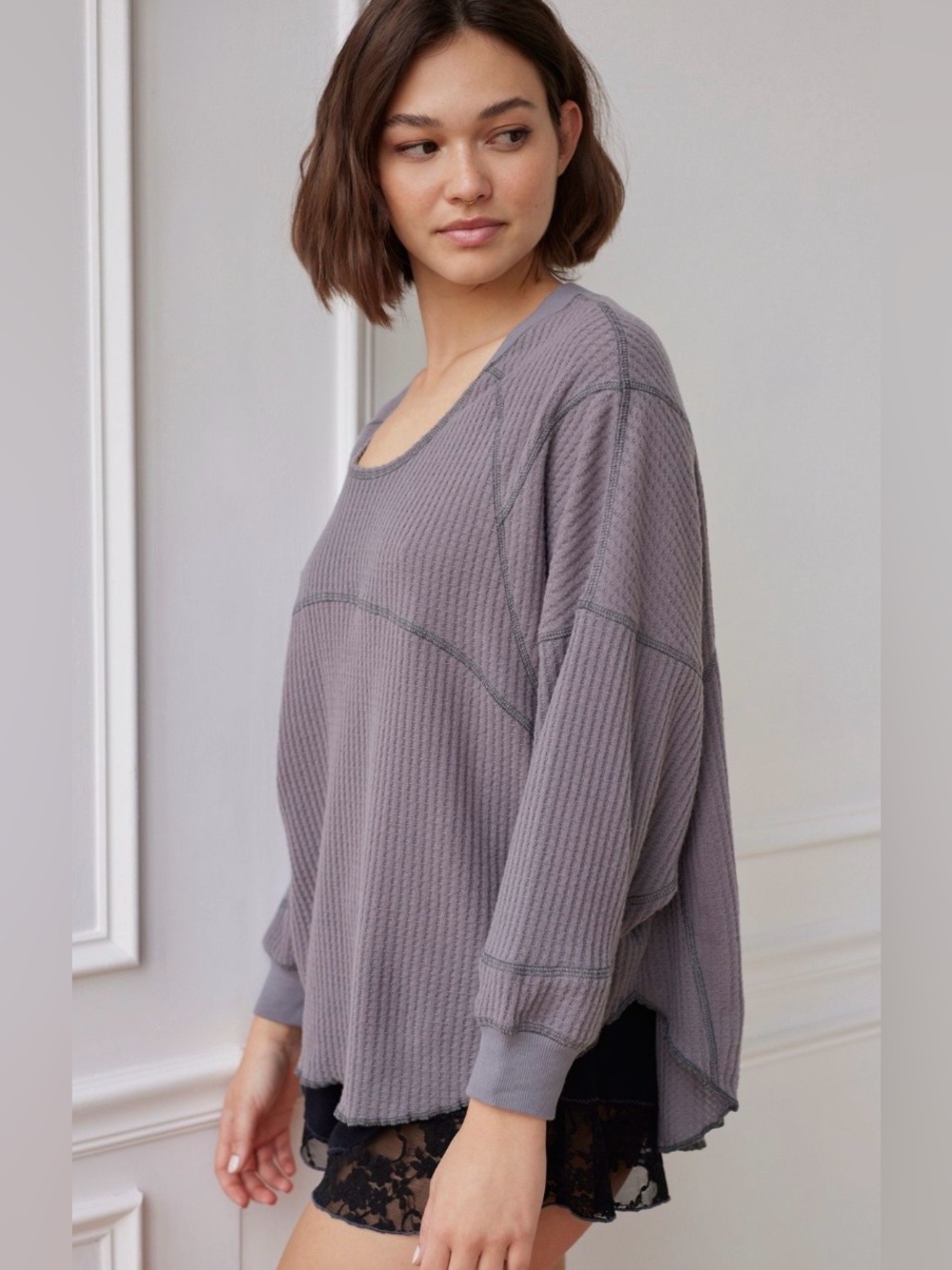 Out From Under Cleo Cozy Thermal Oversized Top-Size M-Dark Grey